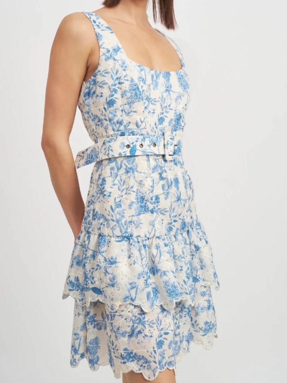En Saison Blue and White Floral Square-Neck Tiered Mini Dress - Picture 3 of 7